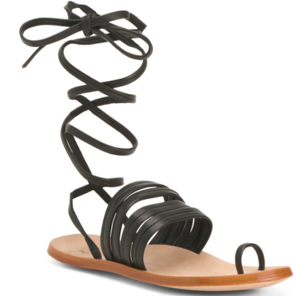 Beek Chickadee Leather Ankle Wrap Sandals Black Size 6